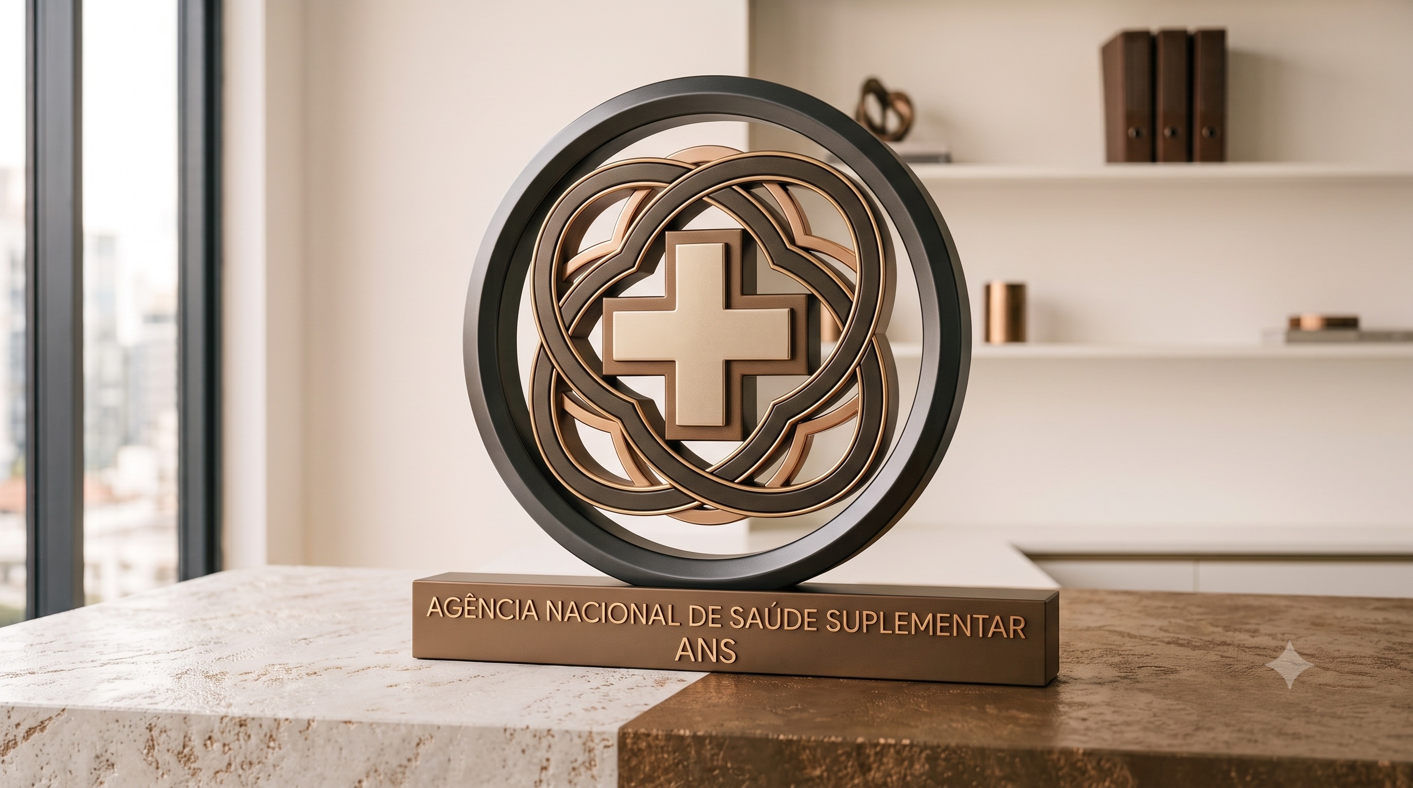 símbolo da ANS (Agência Nacional de Saúde Suplementar) recriado em metal bronze e dourado, com acentos nas cores corporate da Athos